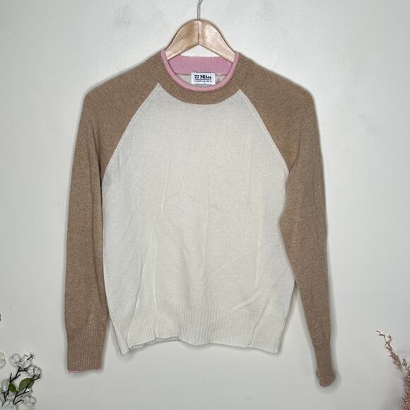 27 MILES MALIBU 100% Cashmere Ringer Sweater Ivory Tan Pink Sz XS $328 {3R28} - Picture 2 of 5